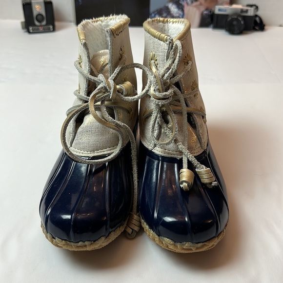 Jack Rodgers Chloe Rain/ snow boots with a whipstitch blue and gold . - Picture 11 of 11